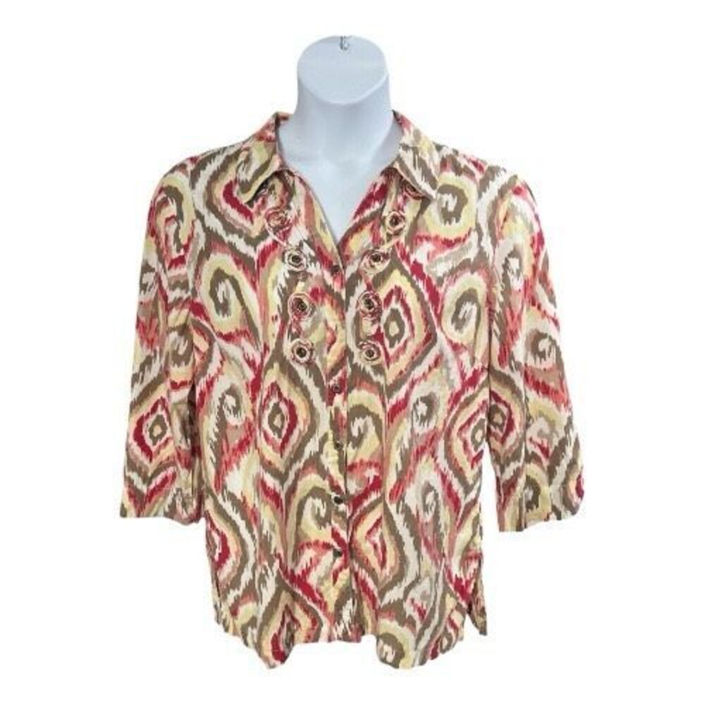 Women 100% Cotton Brown Red Collared Blouse Plus Size 16 Button JM Collection